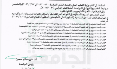 الجامعة العراقية تصدر الامر الجامعي الخاص بقبول طلبة الدراسات العليا في كليات الجامعة